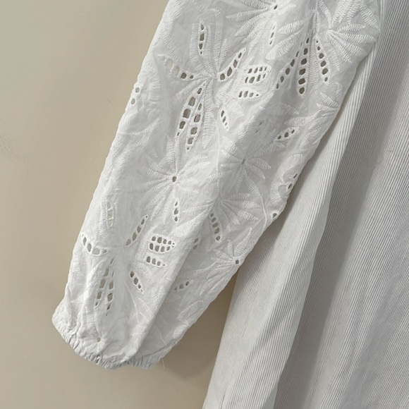 LOFT White Ribbed Button Down Henley with Embroidered Sleeves L - Picture 3 of 10